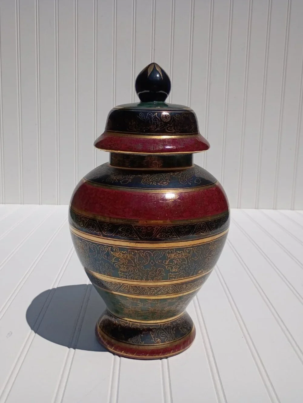 Vintage Andrea by Sadek Porcelain Ginger Jar Lidded Vase Maroon Stripe Gold Gilt